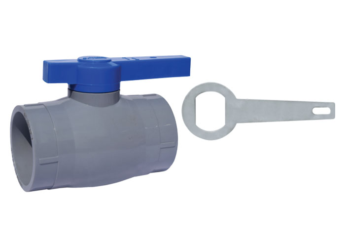 PVC Ball Valve Long Blue Handle MS Plate Gray