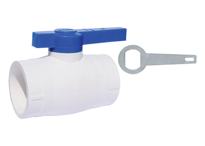 PVC Ball Valve Long Blue Handle MS Plate White